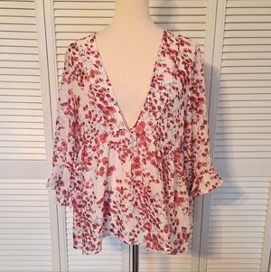 Wanderlux Plunging Vneck Sheer Floral Blouse Top Medium *C7